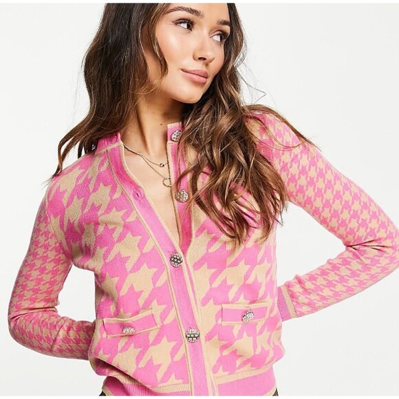 River Island Pink Preppy Houndstooth Cardigan-14 - Picture 1 of 13